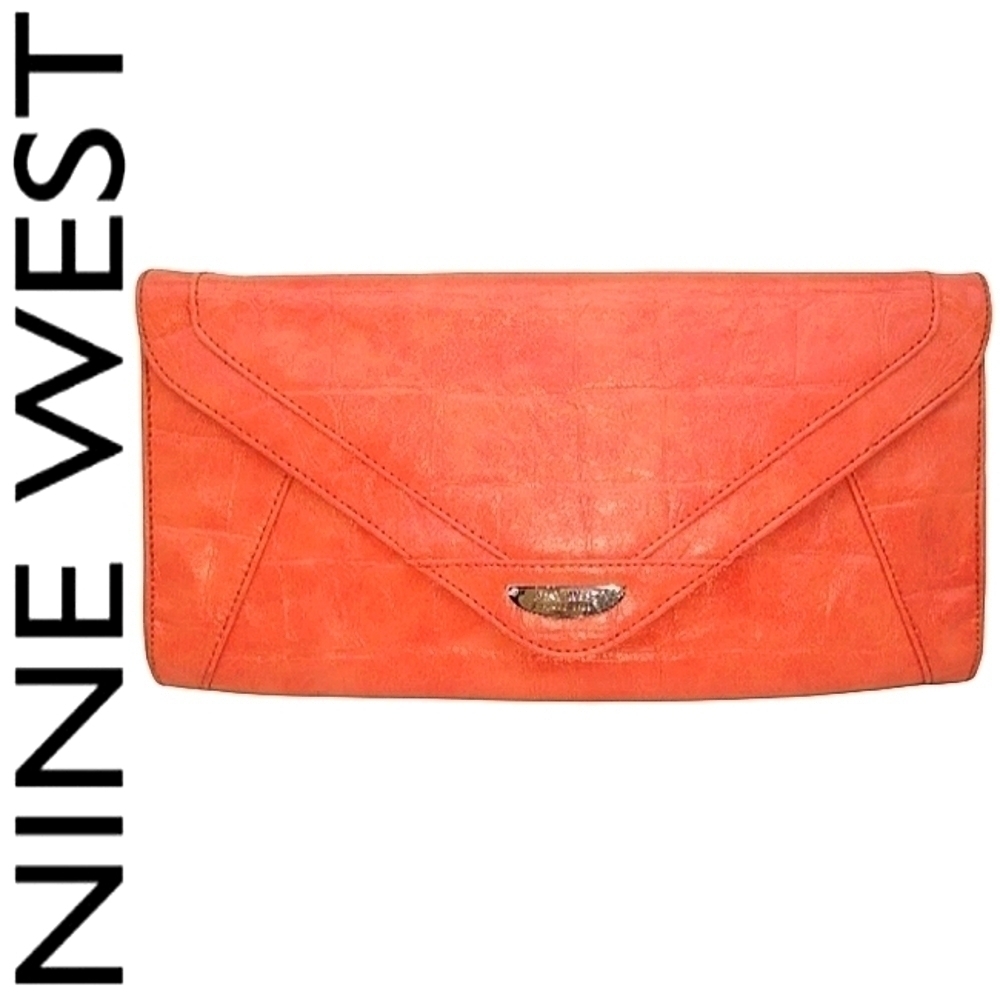 Nine West Leather Croco Embossed Coral Orange Clutch Designer Casual Fashion